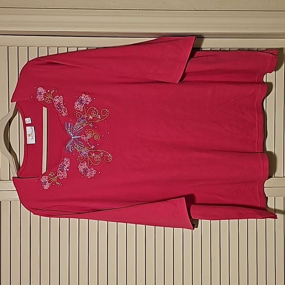 Quacker Factory 2X Pink Embroidered Rhinestone Butterfly 3/4 Sleeve Tee